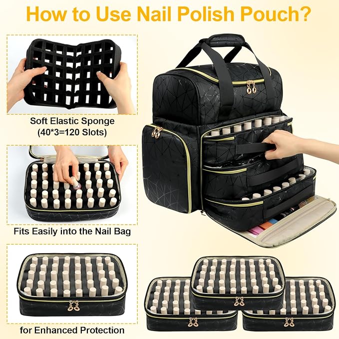 Nail Polish Organizer Backpack Holds 130 Bottles (15ml/0.5fl.oz)& Nail Lamp, Extra Large Nail Kit Storage Bag with 3 Removable Carrying Cases, Nail Tech Supplies Organizer Case for Women Black