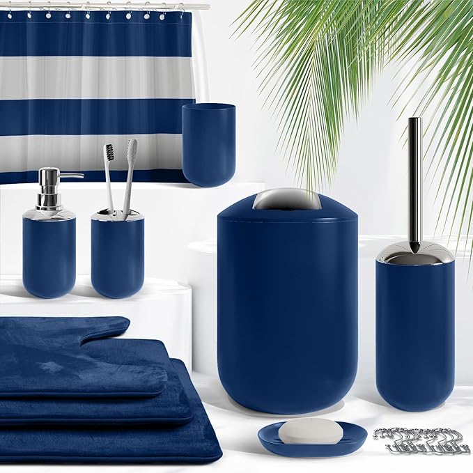 Clara Clark Bathroom Set - Navy Bathroom Accessories Set, Bathroom Sets with Shower Curtain and Rugs, 23PC Shower Curtain Set with Liner, Soap Dispenser, Soap Dish, Toilet Brush Holder, and Trash Can