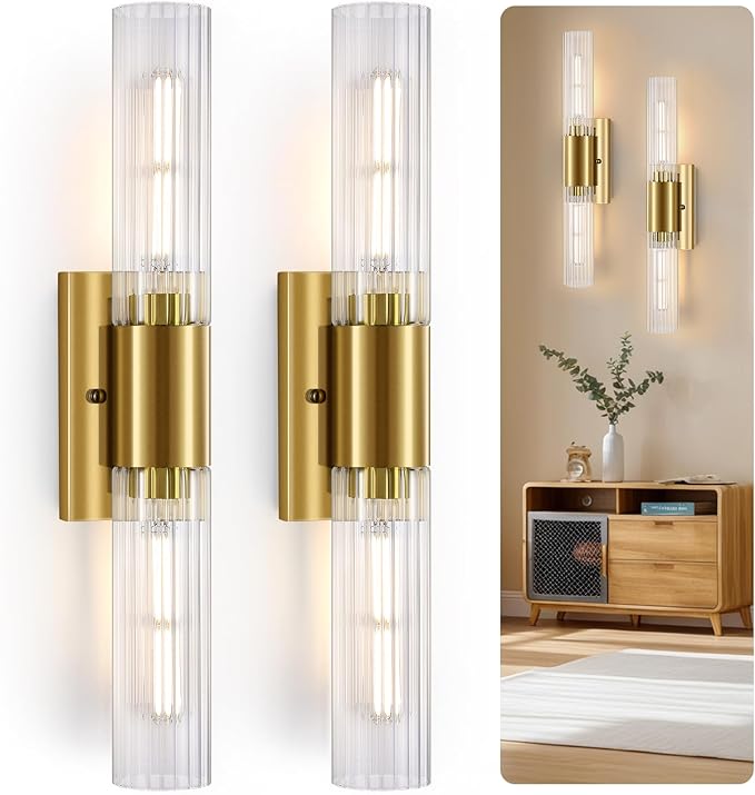21" Gold Bathroom Sconces Set of 2 , Modern Wall Sconces Set of Two with Threaded Glass, Hardwired Up Down Wall Lighting Vanity Fixtures for Bedroom Bathroom Living Room Hallway (Bulb Not Included)