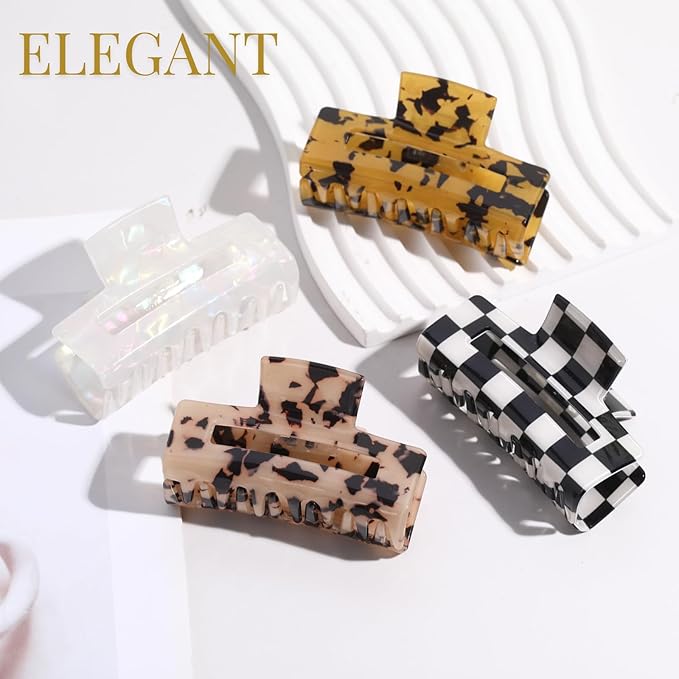 LuSeren 4 Pack 3 Inch Hair Claw Clips for Women, Medium Rectangle Acetate Jaw Clips, Checkered & Tortoise Style, Strong Hold Non-Slip Hair Accessories for Girls