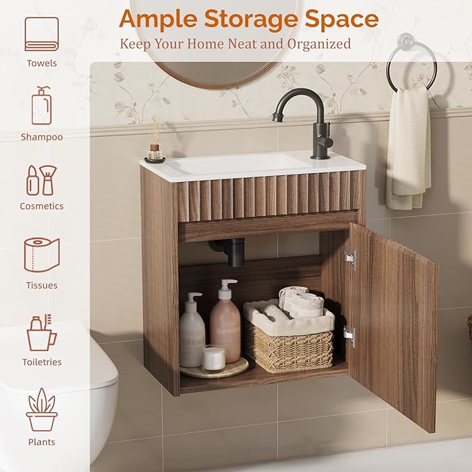 VINGLI 18" Floating Fluted Bathroom Vanity with Ceramic Sink, Wall Mounted Bathroom Vanity Cabinet with Fluted Single Door&White Ceramic Basin Top, 18 Inch Floating Wall Sink Cabinet Combo,Walnut