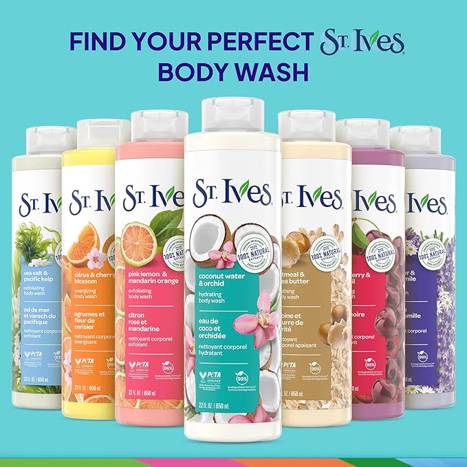 St. Ives Body Wash, Coconut Water & Orchid Hydrating Shower Gel 2-Pack, 100% Natural Extracts, Cruelty-Free, 22 Oz Ea