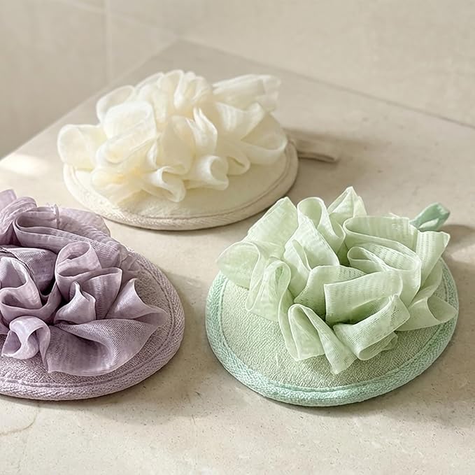 3 Pcs Bath Shower Loofah Sponge Pouf Body Scrubber Bath Scrunchies Body Wash Sponge (Beige,Green,Purple)