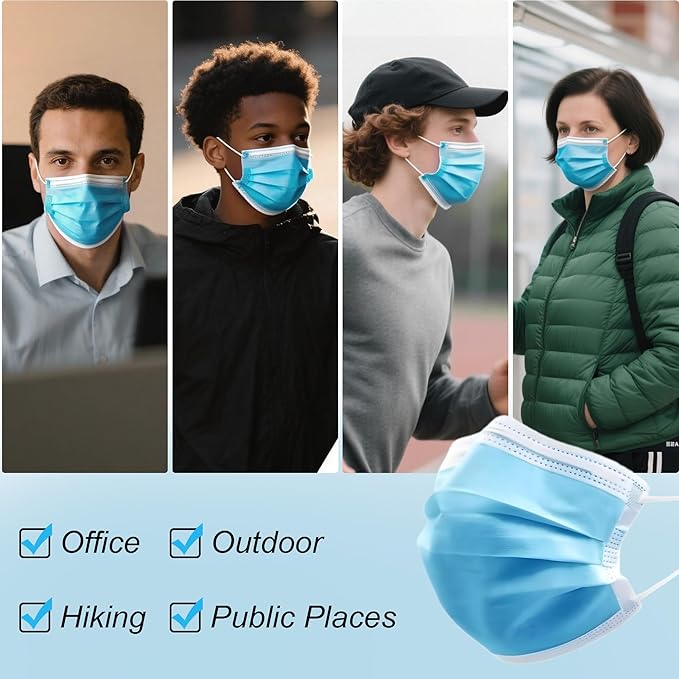LEMENT 125 Pcs Blue Disposable Face Masks, 3 Ply Face Mask Elastic Earloops for Adults, Disposable Blue Mask for Indoor Outdoor
