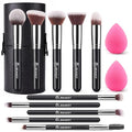 BEAKEY Makeup Brushes Sets, Brush Sets with Makeup Sponges (10+2pcs, with Black Case)