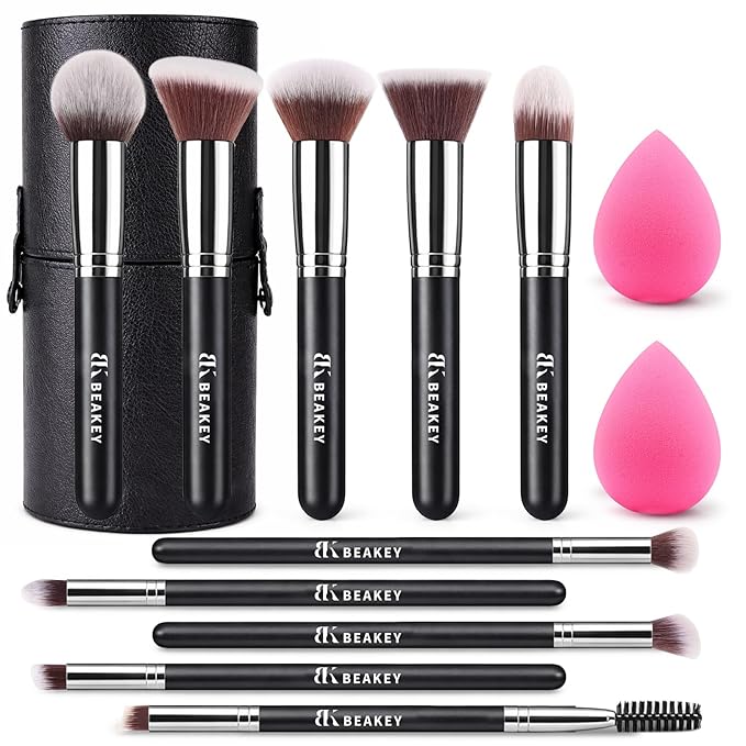 BEAKEY Makeup Brushes Sets, Brush Sets with Makeup Sponges (10+2pcs, with Black Case)