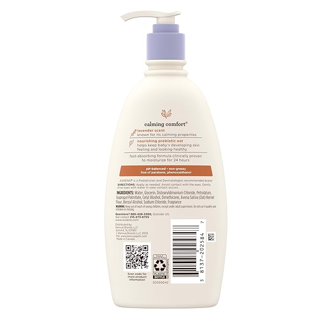 Aveeno Baby Calming Comfort Moisturizing Body Lotion with Relaxing Lavender & Vanilla Scents, Non-Greasy Baby Lotion, Nourishing Prebiotic Oatmeal, & No added parabens 12 fl. oz (Pack of 2)
