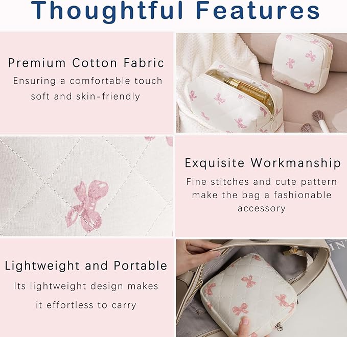 2 Pcs Quilted Cotton Makeup Bag Set, Small Aesthetic Cosmetic Bag with Bow Pattern, Cute Makeup Pouch for Purse, Kawaii Trendy Preppy Travel Toiletry Bag for Women and Girls(19 Pink Bow Set)