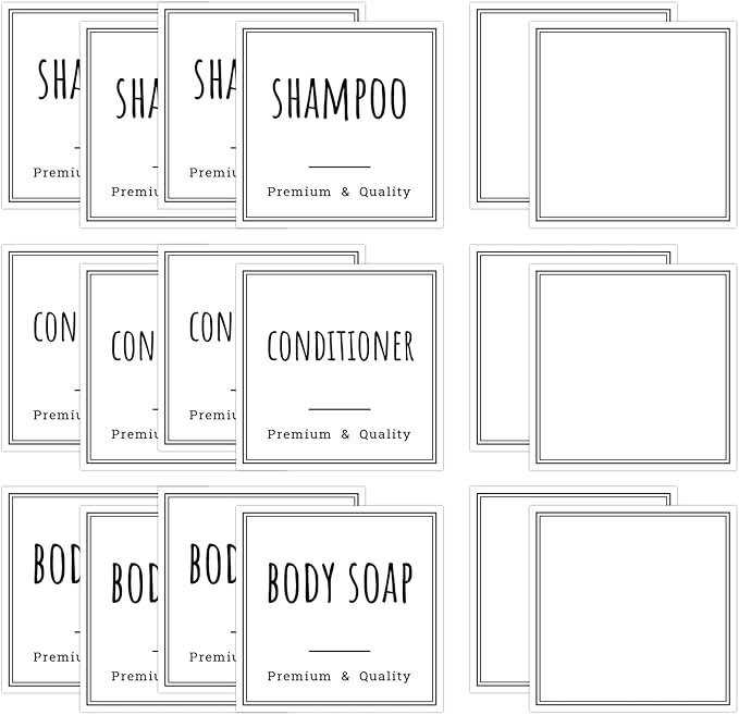 Segbeauty Waterproof Labels for Bottles, 18pcs Shampoo Conditioner White Label Stickers, Removable Self-Adhesive Soap Dispenser Stickers for Bathroom Kitchen Washstand Dresser Plastic Glass Bottle
