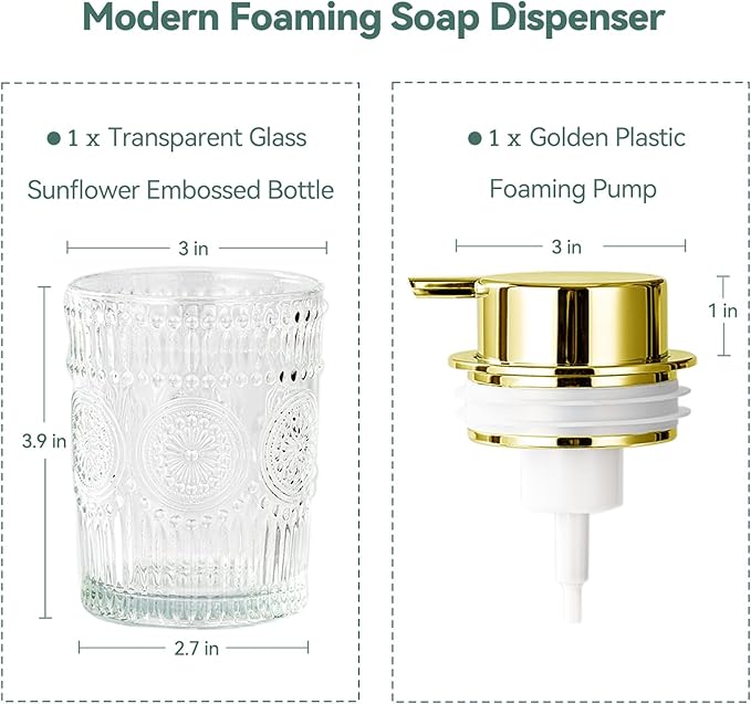 Golden Foaming Soap Dispenser - 7 oz Clear Glass Foam Hand Soap Dispenser for Bathroom & Kitchen, Refillable Dish Dispenser, Foam Hand Wash Dispenser with Foam Pump