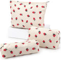 EIMMBD Makeup Bag 3 Pieces Large Capacity Cosmetic Bags Travel Toiletry Bag Organizer Cute Makeup Bag Storage for Women(Beige Strawberry)