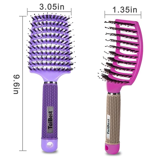 Boar Bristle Hair Brush Set - Dry/Wet Hair Brush Detangler for Fine, Thick, Curly Hair - Curved and Vented Brush for Women, Men or Kids (Purple & Rose Red)