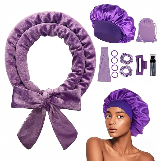 Heatless Curls Overnight Headband, 70'' No Heat Hair Curlers with Hair Bonnet for Sleeping, Light Purple