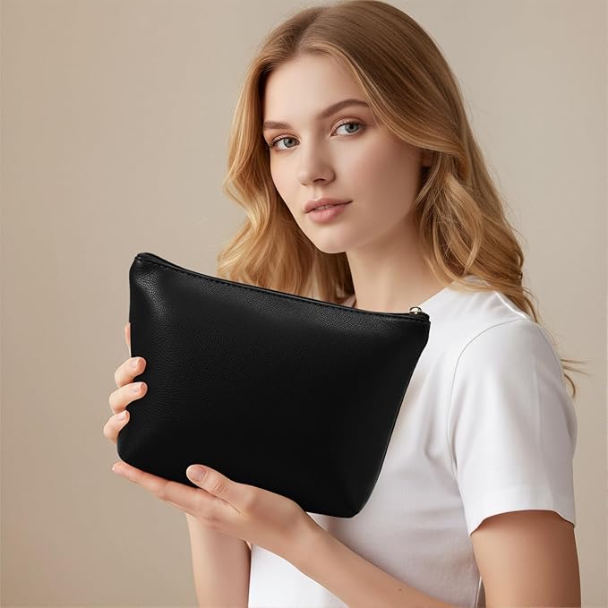 Kigeli PU Leather Makeup Bag for Women Gift Cosmetic Pouch for Purse Waterproof with PU Leather Travel Toiletry Organizer with Zipper for Women Bridesmaid Friend Gift(Black)