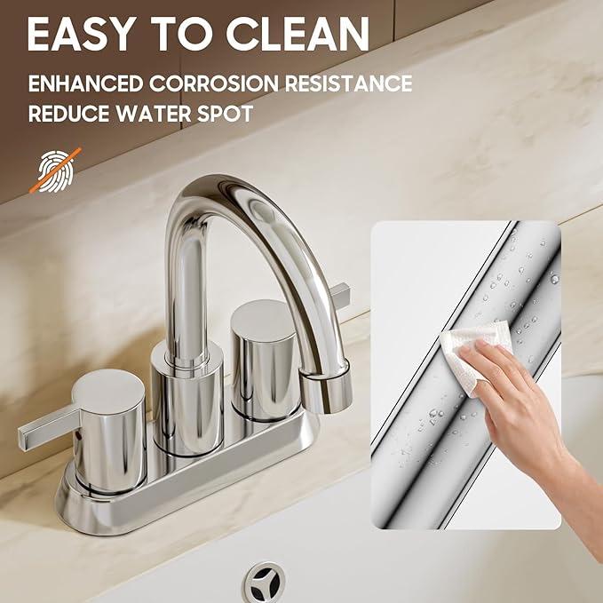 Phiestina 4 Inch Centerset 2 or 3 Holes 2 Handle Chrome Lead-Free Bathroom Faucet, Swivel Spout with Copper Pop Up Drain and 2 Water Supply Lines, BF015-1-C
