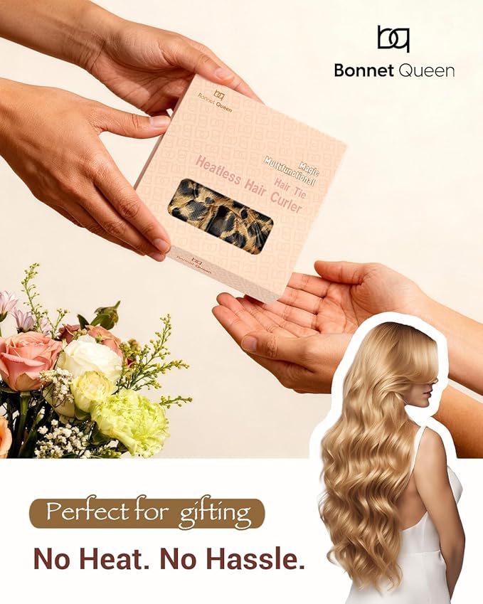 BONNET QUEEN Satin Heatless Hair Curler, Overnight Curls for Long Hair, ultra soft Heatless Curling Rod & 2 Scrunchies,Damage-Free Styling, Soft Hair Curlers for Overnight Use(Leopard)