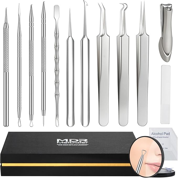 12 Pcs Titanium Alloy Pimple Popper Tool Kit, Pimple Extractor Comedone Extractor Tool, Blackhead Extractor Acne Tools for Face Blemish Whitehead Removal with 20 Alcohol Pads & 10x Magnifying Glass