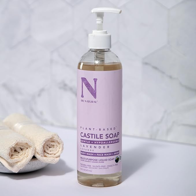 Dr. Natural Castile Liquid Soap - Multi-Use Body Wash, Shampoo and Face Wash - Hydrating Body Soap for Skin, Hair, Pets and Home - Lavender - 16 oz