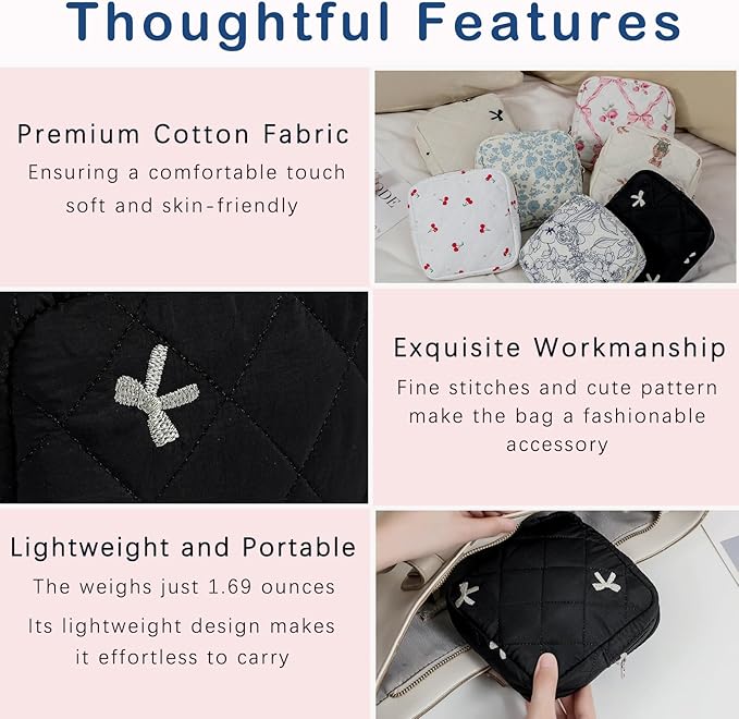 Small Quilted Cotton Makeup Bag for Purse, Cosmetic Bag with Compartments, Cotton Aesthetic Makeup Bag, Travel Toiletry Pouch, Key Pocket Lipstick Bag Card Holder Data Cable Organizer（05Black Bow）