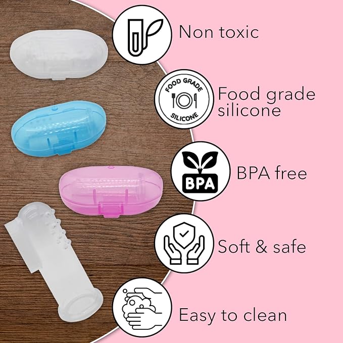Baby Finger Toothbrush Set - Silicone Toddler Toothbrush with 3 Cases in Blue, Pink & Clear - Newborn Oral Massager