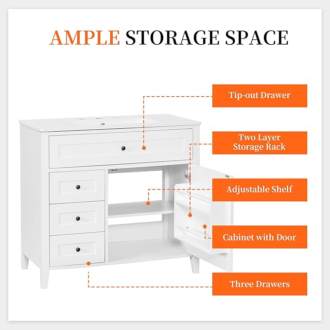 Harper & Bright Designs 36" Bathroom Vanity with Sink, Free Standing Vanity Set with 4 Drawers, Storage Racks, and Adjustable Shelf, Wood Bathroom Cabinet with Ceramic Basin for Bathroom, White