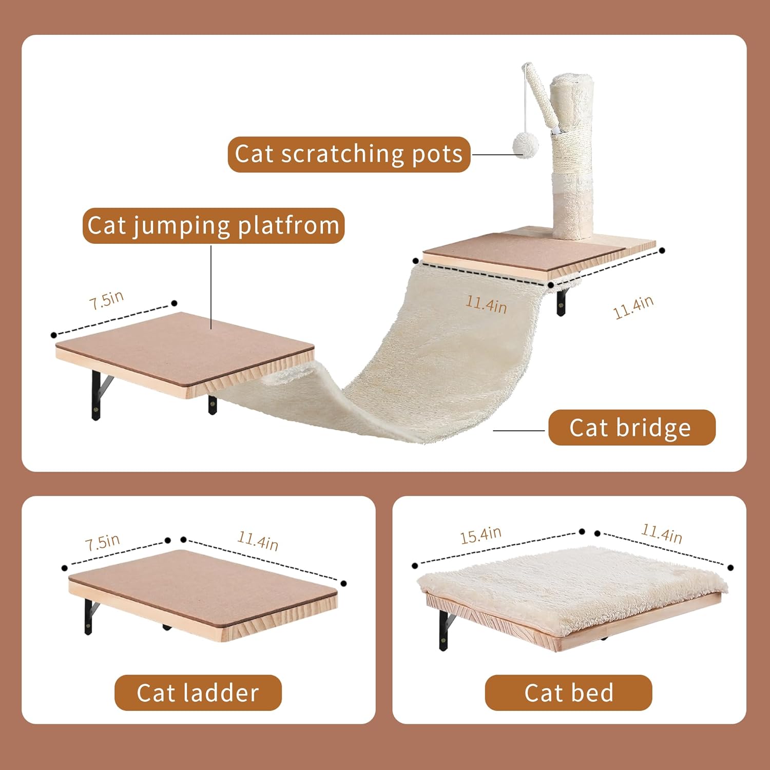 Wall Mounted Cat Climber Set, Cat Wall Shelves,Cat Wall Furniture Set,with Hammock,Jumping Boards,Sofa,Steps,Scratching Post,Hanging Ball and Felt Pads, Suit for Cats Climb, Jump,Scratch-Beige
