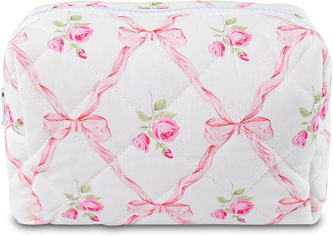 Quilted Makeup Bag Floral Cotton Make up Bag Puffy Coquette Makeup pouch Aesthetic Cute Travel Toiletry Bag for Women Girls