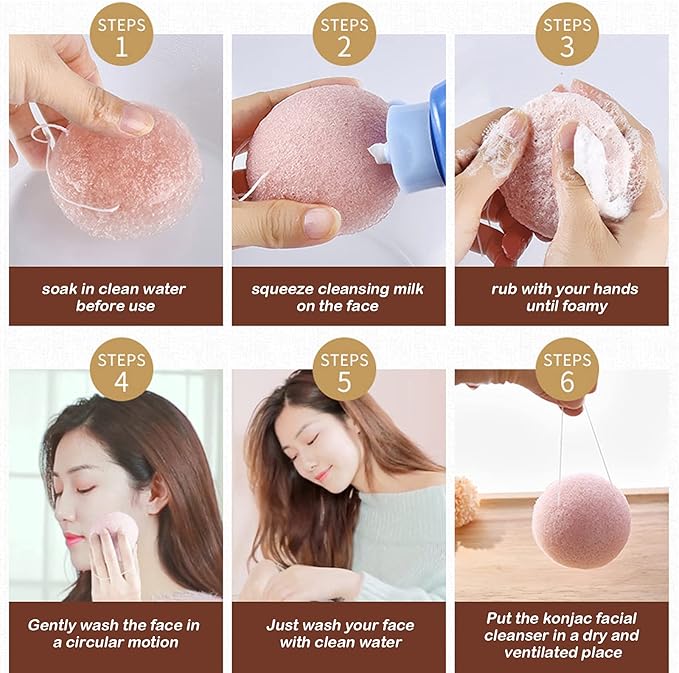 6 Pack Natural Konjac Facial Sponges, findTop 6 Colors Konjac Exfoliating Facial Sponge Set for Gentle Face Cleansing and Exfoliation- Charcoal, Turmeric, French Green, White Pink & Purple