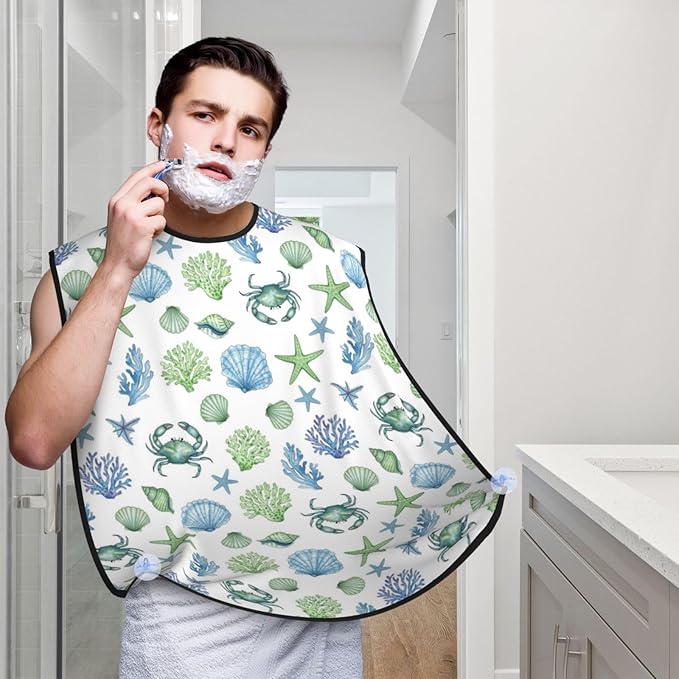 Beard Shaving Cape with Suction Cups, Under Sea Ocean Starfish Shell Coral Crab Watercolor Shave Bib, Non-Stick Waterproof Hair Catcher, Grooming Bib for Men Husband