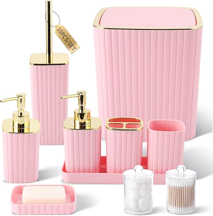 Pink Bathroom Accessories Set - Gorgeous Bathroom Set, 10PC Bathroom Accessory Set, Toilet Brush, Trash Can, Qtip Holder & Soap Dispenser