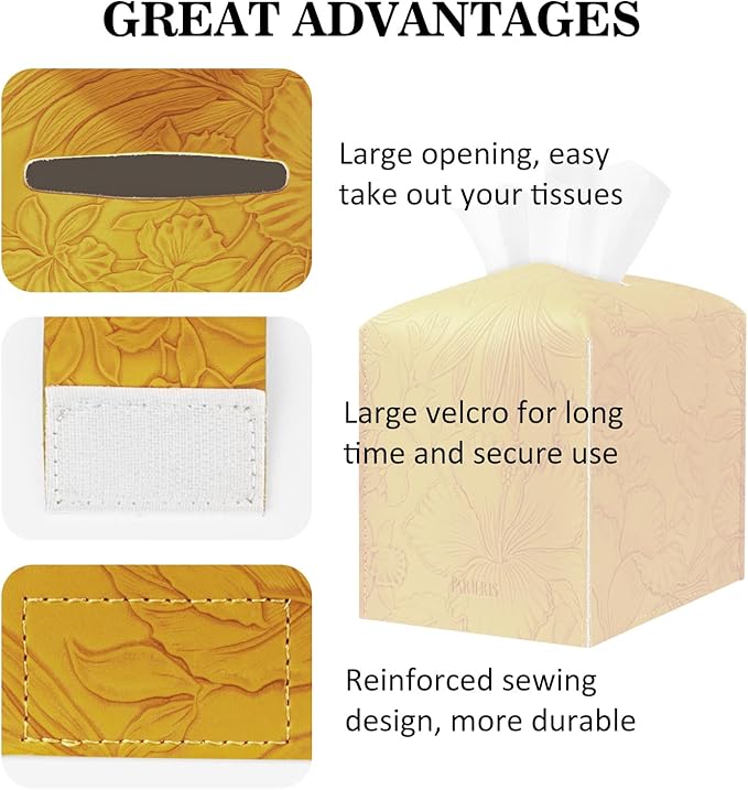 Tissue Box Holder Cover Square Tissue Cube Cover PU Leather Tissue Organizer with Bottom Belt for Bathroom, Tabletop, Kitchen, Night Stands, Office, Home, Car (2, RetroYellow)
