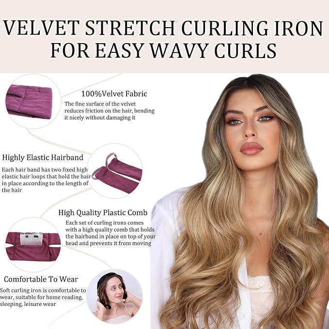 Heatless Curls Overnight,No Heat Hair Curlers to Sleep in, Soft Heatless Curling Ribbon Set with Clip Hair Rollers for Blowout Look Long Hair(Burgundy Red)