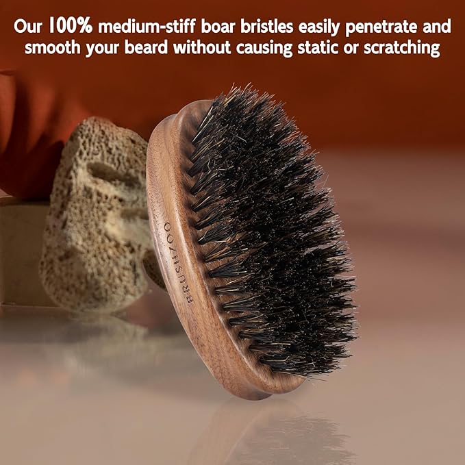 BRUSHZOO Beard Brush, Black Walnut Beard Brush for Men Facial Hair Styling, 100% Boar Bristle Brush for Soften Beard Reduce Beard-Itch