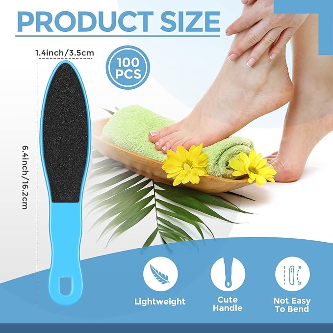 100 Pcs Pedicure Foot File Double Sided Callus Remover Sandpaper Foot Sander Scraper Scrubber with Plastic Handle Heel Rasp Tool for Feet Spa(Blue)