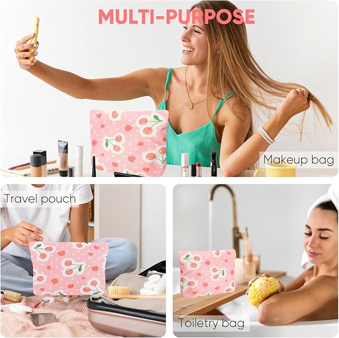 Cute Cherry Makeup Pouch for Women Red Heart Small Make Up Bag for Purse Zipper Initial Makeup Cosmetic Bags Pouches for Purse Aesthetic Travel Toiletry Bags, Pink Cherries Hearts