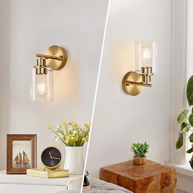 Set of 2 Wall Sconces for Bathroom, Brushed Gold Modern Vanity Lights with Clear Glass Shade,Bathroom Wall Lamp for Mirror Kitchen Living Room Hallway Cabinet Porch