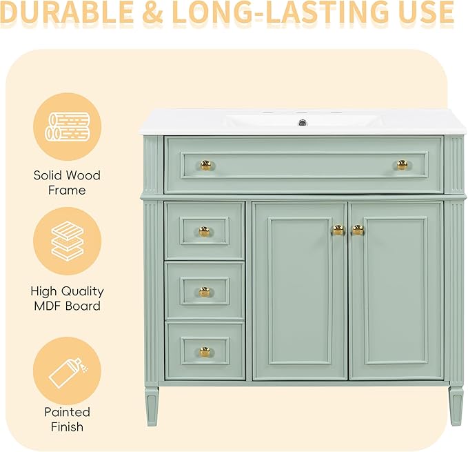Harper & Bright Designs 36" Bathroom Vanity with Sink, Free Standing Single Basin Vanity Set with Tip-Out Drawer, 3 Drawers, and 2 Doors, Wood Bathroom Cabinet with Ceramic Basin for Bathroom, Green