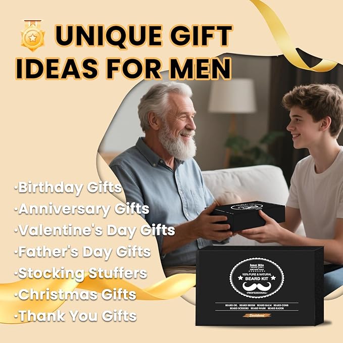 Isner Mile Beard Grooming Kit for Men Care: with Beard Wash - Oil - Balm - Brush - Comb & Straight Razor, Mens Birthday Christmas Stocking Stuffers Valentines Day Gifts for Him Boyfriend Dad Husband