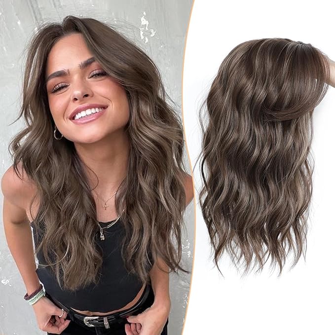 PANEWAY Hair Topper 16Inch Hair Toppers For Women Wavy Curly Brown Highlights Clip In Synthetic Wiglets for Women