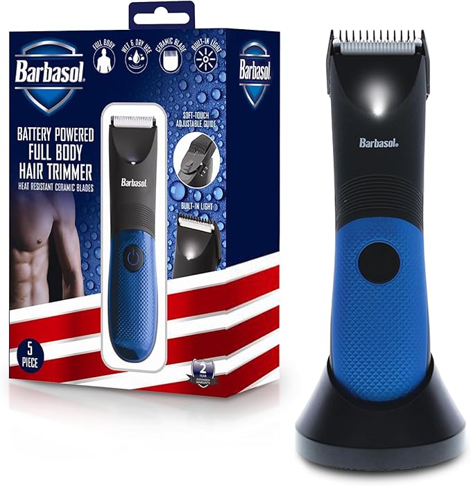 Barbasol Body Hair Trimmer for Men, with Adjustable Guide Shield, Built in Light, Heat Resistant & Hypoallergenic Ceramic Blade, Wet and Dry Waterproof Trimmer, Full Body Battery Powered Trimmer