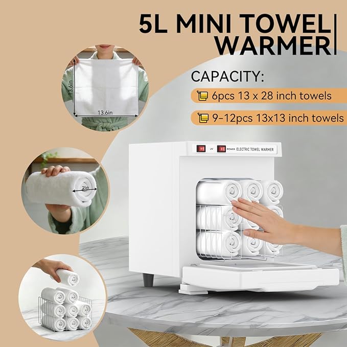Towel Warmer 5L-White, 2-in-1 Professional Mini Small Hot Towel Warmer for Spa, Facial Towel Cabinet for Solo Estheticians, Small Salons & Home Spa (Fits 10-15 Towels)