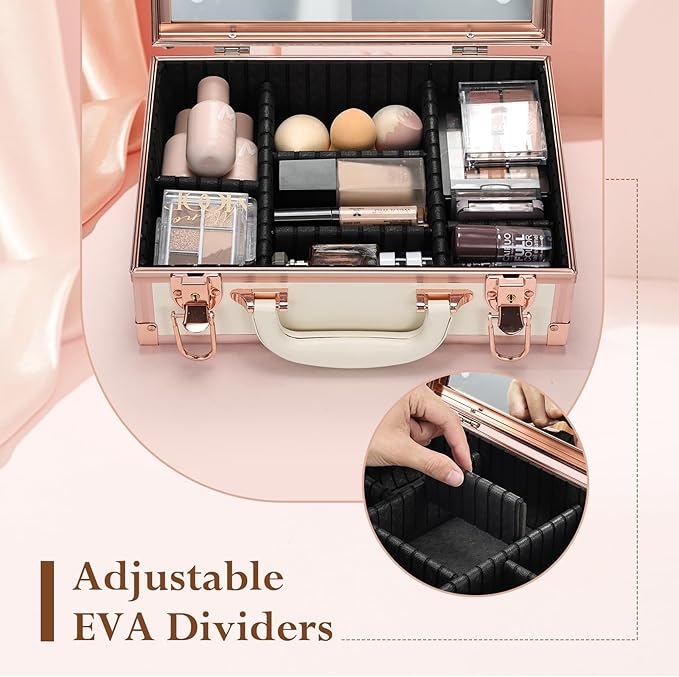 Makeup Train Cases with Light Up Mirror 3 Color Setting, Lighted Makeup Case Organizer with Detachable Tray, Travel Makeup Box with Light for Make up Tools Storage (White & Gold)