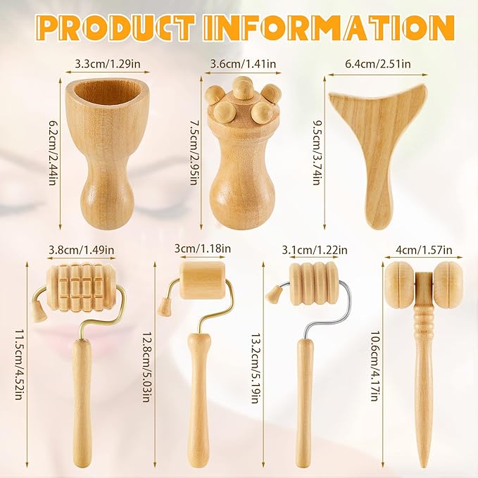 Boao 7 Pcs Wood Therapy Massage Tools Set, Wooden Face Massage Tool & Roller Kit for Lymphatic Drainage Care, at-Home Relaxation & Facial Care Tools, Natural Wood