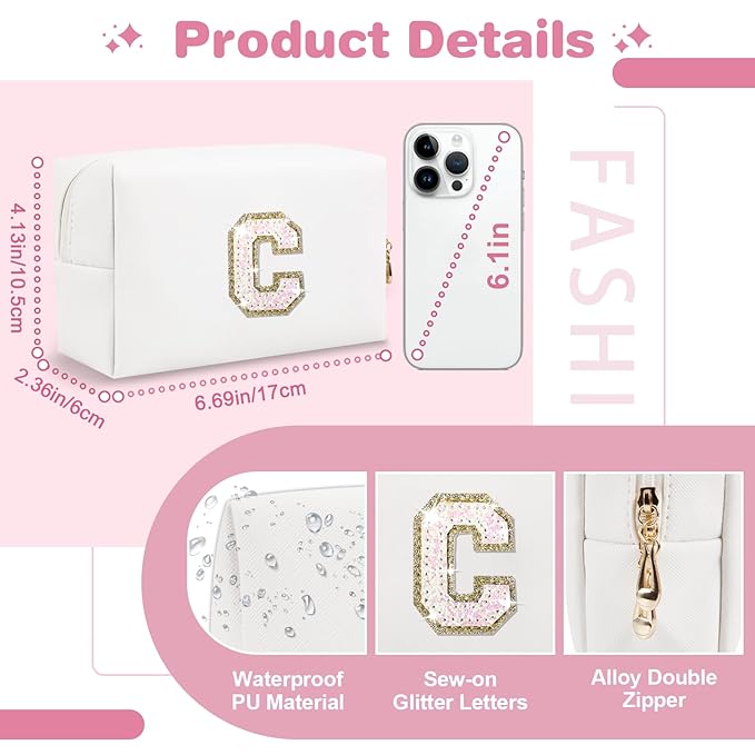 Small Initial Patch Makeup Bag Personalized Gifts Make Up Bag,White Cute PU Leather Glitter Letter Cosmetic Bag with Zipper,Trendy Portable Travel Toiletry Pouch,Preppy Stuff for Teen Girls Women C