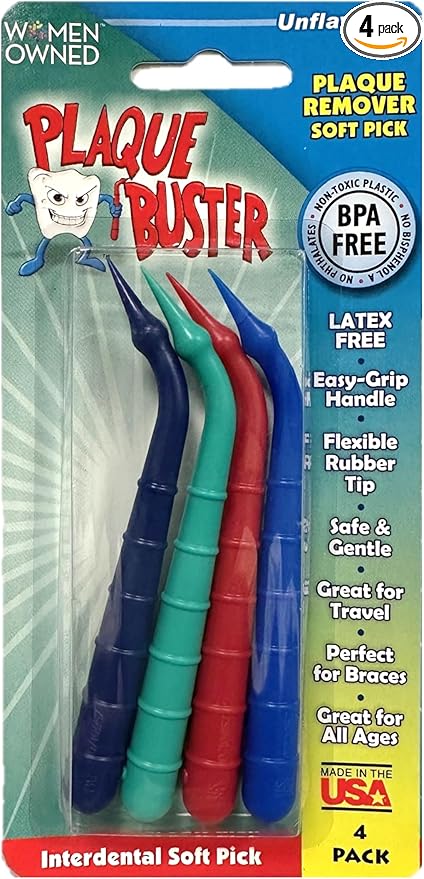 Plaque Buster (4 Count) Soft Interdental Pick, Gum Stimulator & Plaque Remover, Made in USA, for Oral Health and Healthy Gums, Multi-Colored