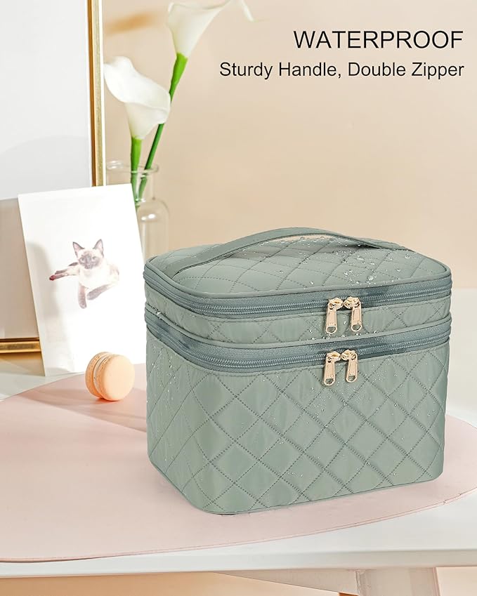 Relavel Makeup Travel Bag, Large Capacity Cosmetic Bags for Women, Makeup Brush Holder Storage Travel Case Waterproof Portable Make Up Bag with Dividers, Diamond Green