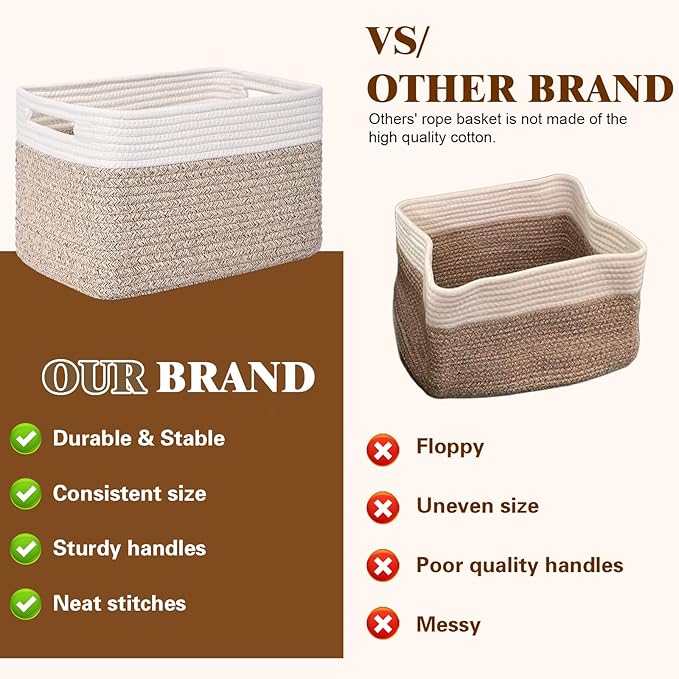 Storage Baskets for Organizing, 4 Pack Baskets for Shelves, Decorative Storage Bins for Shelves, Cotton Rope Storage Basket with Handles, Woven Basket for Storage, 13''Lx8.7''Wx7.9''H, White & Brown