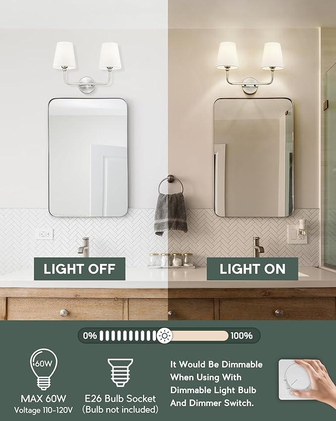 2-Light Bathroom Light Fixtures, Brushed Nickel Vanity Lights, Double Wall Sconce with Flared White Fabric Shade, Modern Sconces Wall Lighting for Hallway Bedroom Stairway, VL837-BN-2-S