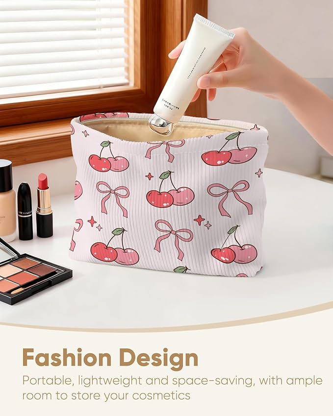 Red Bow Pink Cherry Makeup Pouch for Women Small Make Up Cherries Pattern Bag for Purse Zipper Initial Makeup Cosmetic Bags Pouches for Purse Aesthetic Travel Toiletry Bags Gift