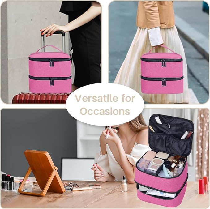 Double Layer Makeup Bag Portable Large Cosmetic Case Organizer with Adjustable Dividers Storage Travel Bag for Accessories Brushes Conditioner and Skin Care Products (Wine)